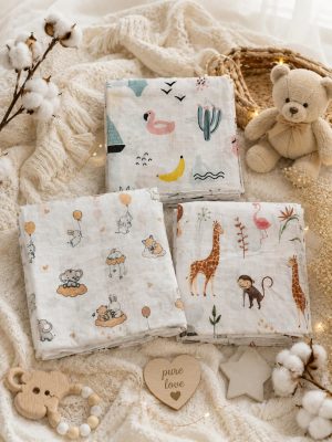 Çok Amaçlı 2 Katlı Müslin Örtü & Battaniye /3'lü Set / %100 Pamuk / Oeko-teks Sertifikalı / 80x80 Cm