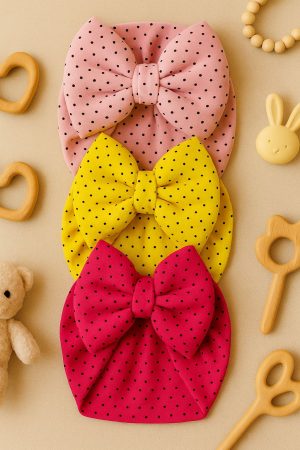 Fiyonklu Çift Kat Puantiyeli Bebek Bone 3'lü Set- Mor / Sarı / Fuşya