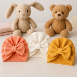 Fiyonklu Bebek Bone 3'lü Set- Somon/ Beyaz / Hardal