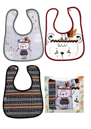 Hello Bear Temalı Microfiber %100 Pamuk Sıvı Geçirmez 3 'lü Mama Önlüğü