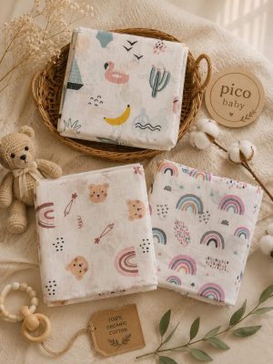 Çok Amaçlı 2 Katlı Müslin Örtü & Battaniye /3'lü Set / %100 Pamuk / Oeko-teks Sertifikalı / 80x80 Cm