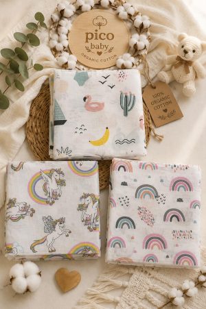 Çok Amaçlı 2 Katlı Müslin Örtü & Battaniye /3'lü Set / %100 Pamuk / Oeko-teks Sertifikalı / 80x80 Cm