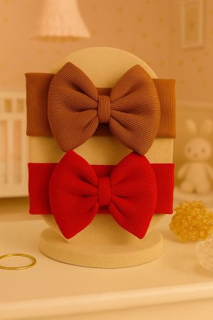 Kız Bebek & Çocuk Fiyonklu Bandana 2'li Set (Kahverengi/Kırmızı)