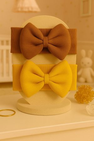 Kız Bebek & Çocuk Fiyonklu Bandana 2'li Set (Kahverengi/Hardal)