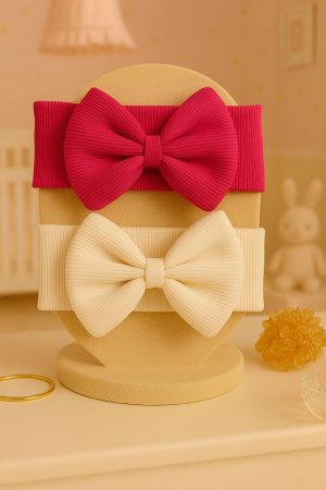 Kız Bebek & Çocuk Fiyonklu Bandana 2'li Set (Fuşya/Krem)