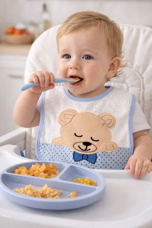 DESENLİ ERKEK BEBEK MAMA ÖNLÜĞÜ / MAVİ