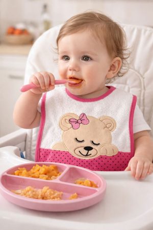 DESENLİ KIZ BEBEK MAMA ÖNLÜĞÜ / PEMBE